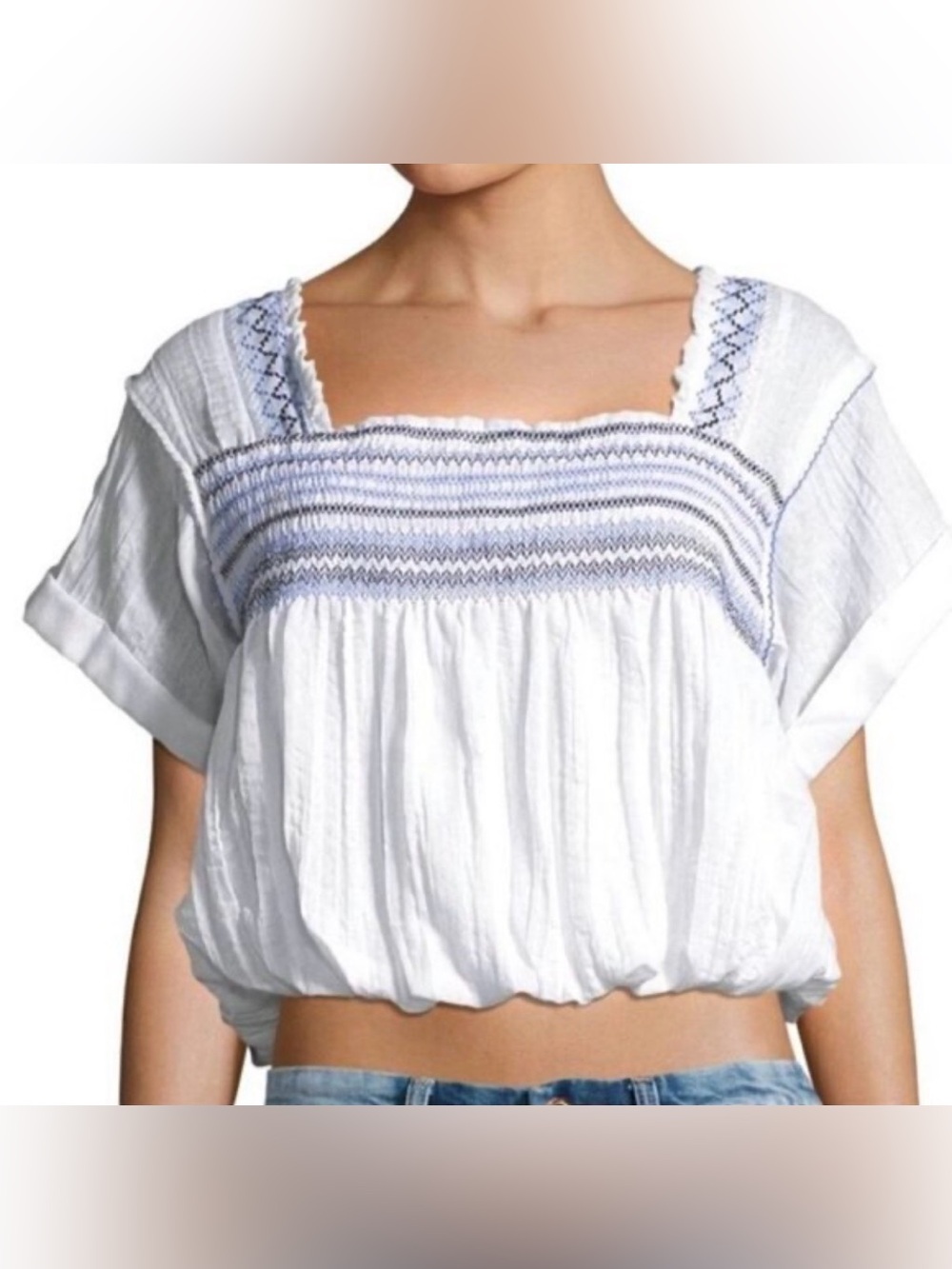 Free People Top Wandering Skies Bubble Hem Cropped Size Med. White Embroidered